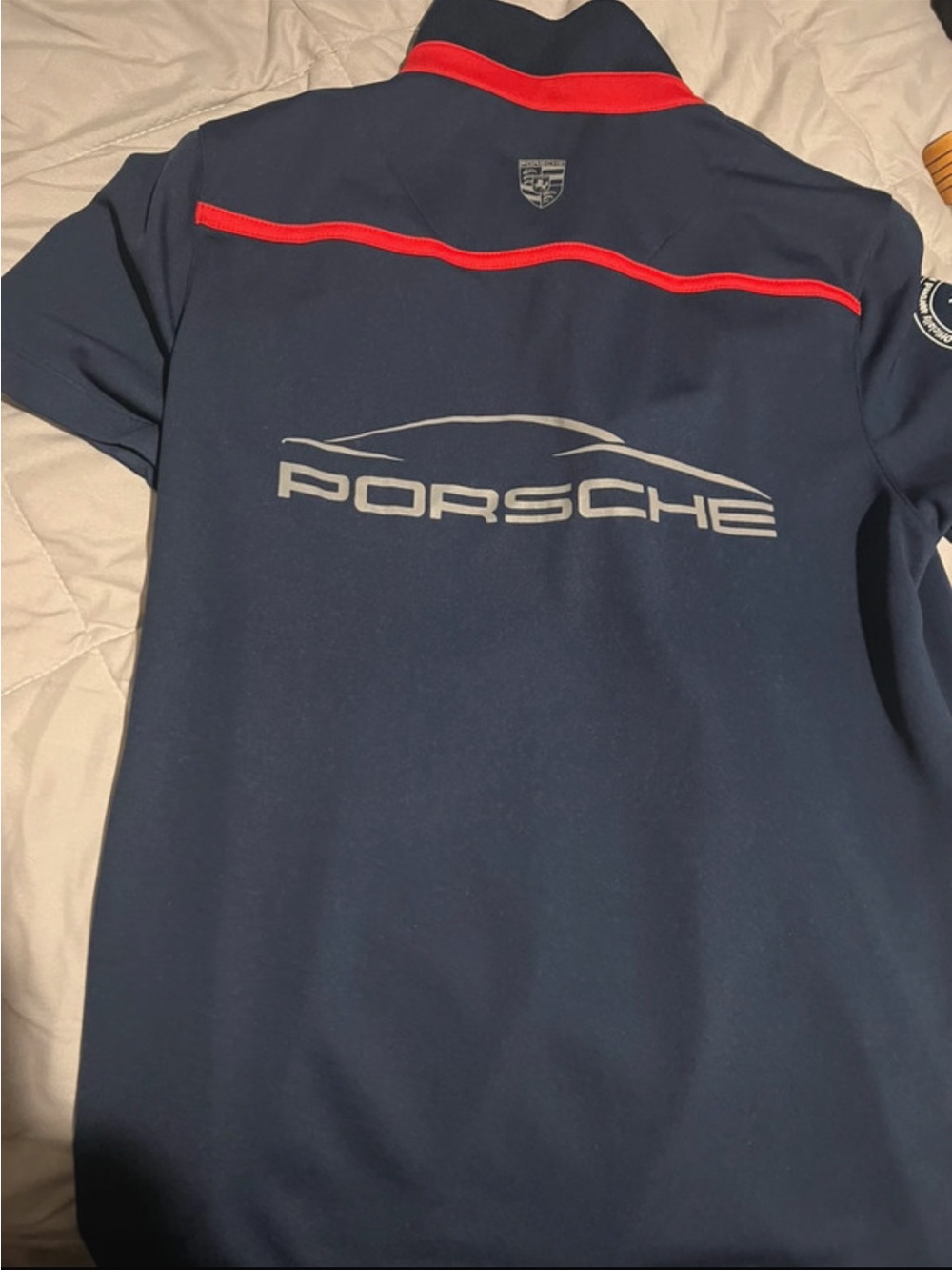Porsche Design Navy Polo with Red Trim and Silver Reflective Logo